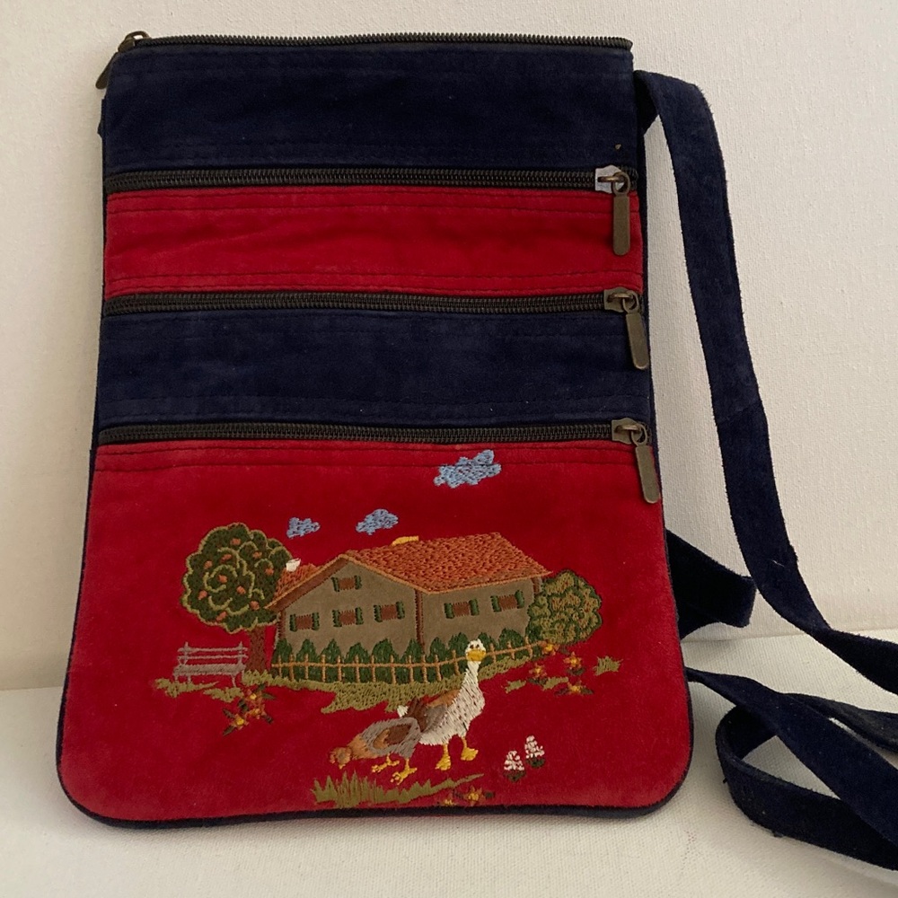 Embroidered Red & navy Crossbody Bag suede multiple zippered pockets boho 60’s